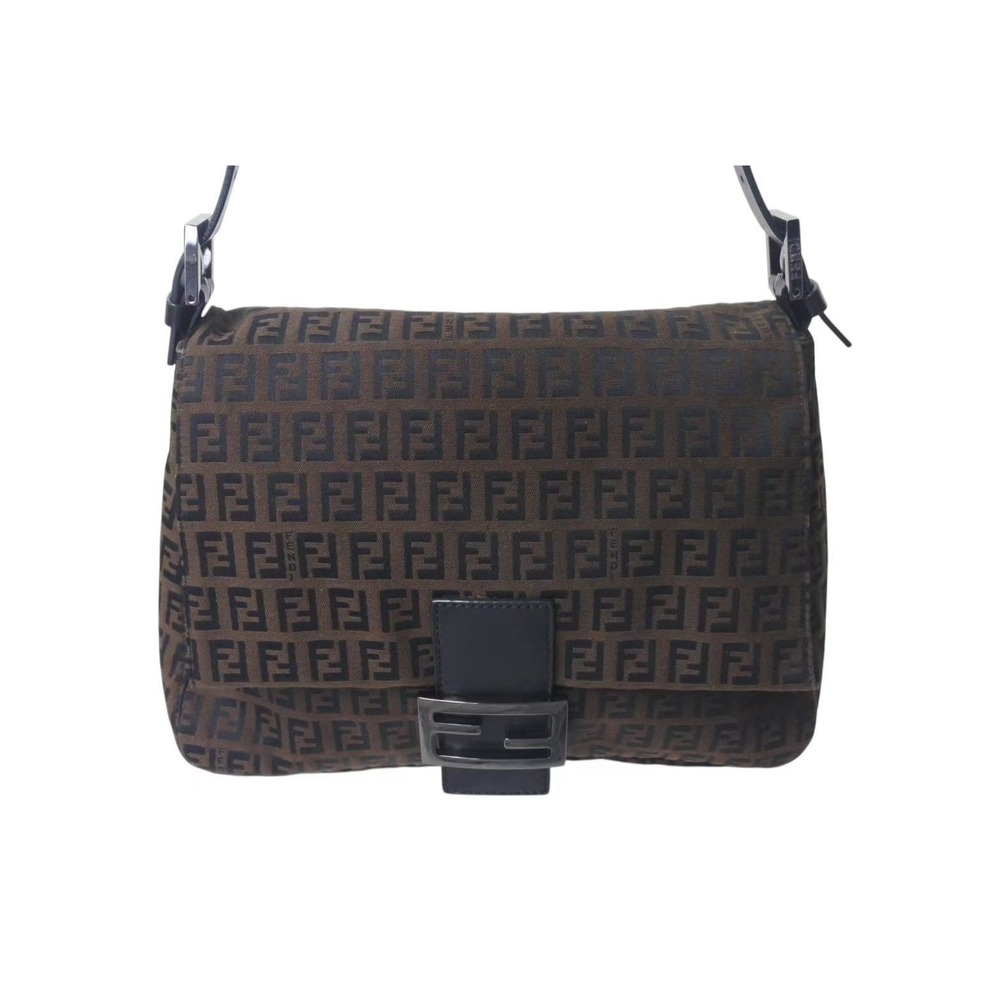 Fendi Mamma Shoulder Hobo Zucca Logo One Brown Canvas Leather Bag Bucket